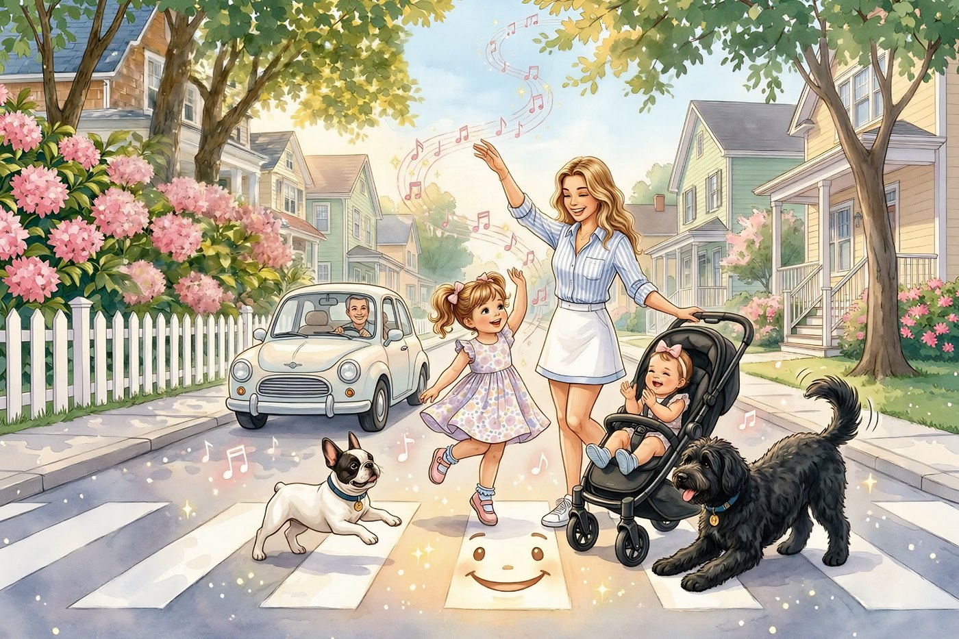 The family dancing across a crosswalk as a car waits.