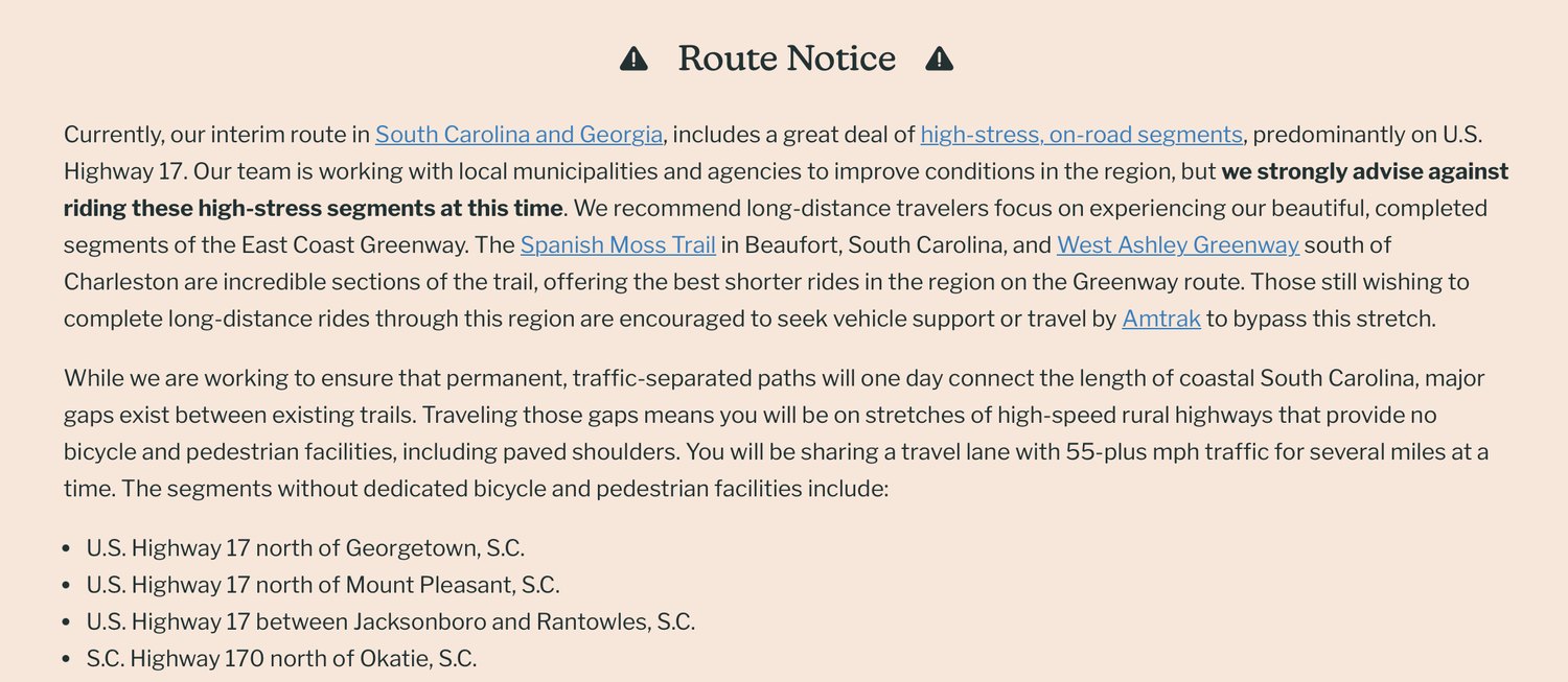 The East Coast Greenway Route Notice for South Carolina, warning against four high-stress on-road segments: US 17 north of Georgetown, US 17 north of Mount Pleasant, US 17 between Jacksonboro and Rantowles, and SC 170 north of Okatie.