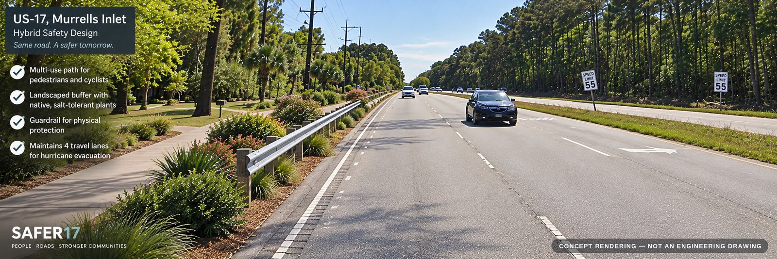 A concept rendering of the same view. The path is now wide and paved and set well back from the road, behind a planted buffer of native salt-tolerant shrubs and a guardrail. All four travel lanes remain. The image is marked on its face as a concept rendering, not an engineering drawing.